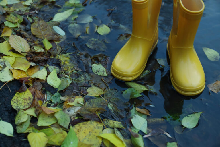 A pair of yellow rubber boots standing in a water puddle